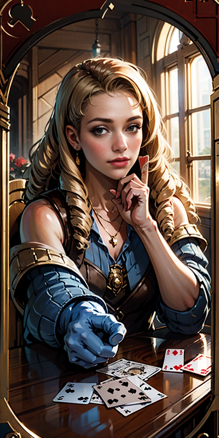 Highly detailed, High Quality, Masterpiece, beautiful, Playing Cards, 1slave girl, solo, holding, card, table, holding card, sitting, indoors, playing card, POV across table, closed mouth, looking at viewer, Forrest, Blonde hair, jacket on shoulders, necklace, big pendant, sleeveless shirt, millennium puzzle