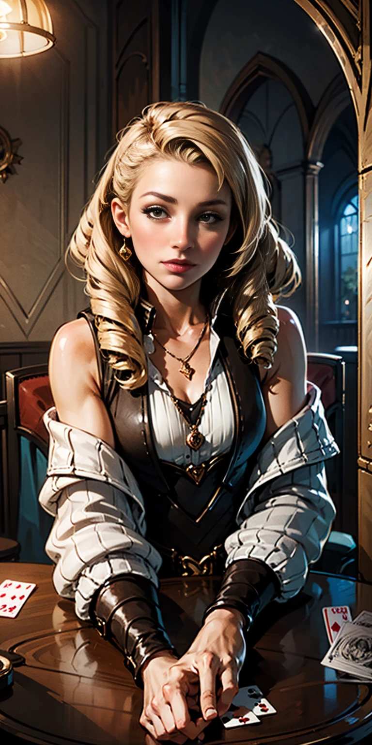 Highly detailed, High Quality, Masterpiece, beautiful, Playing Cards, 1slave girl, solo, holding, card, table, holding card, sitting, indoors, playing card, POV across table, closed mouth, looking at viewer, Forrest, Blonde hair, jacket on shoulders, necklace, big pendant, sleeveless shirt, millennium puzzle