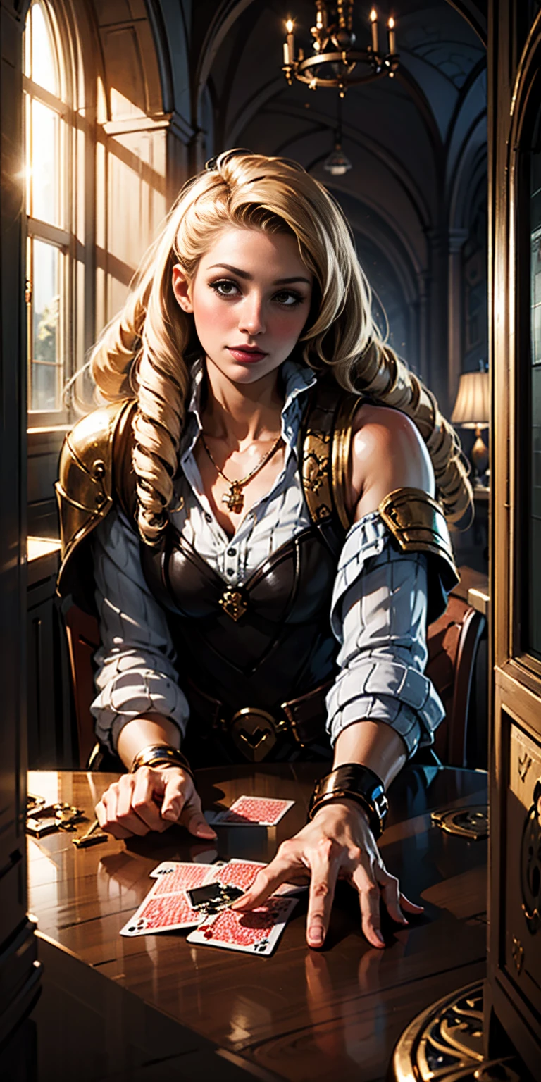 Highly detailed, High Quality, Masterpiece, beautiful, Playing Cards, 1slave girl, solo, holding, card, table, holding card, sitting, indoors, playing card, POV across table, closed mouth, looking at viewer, Forrest, Blonde hair, jacket on shoulders, necklace, big pendant, sleeveless shirt, millennium puzzle