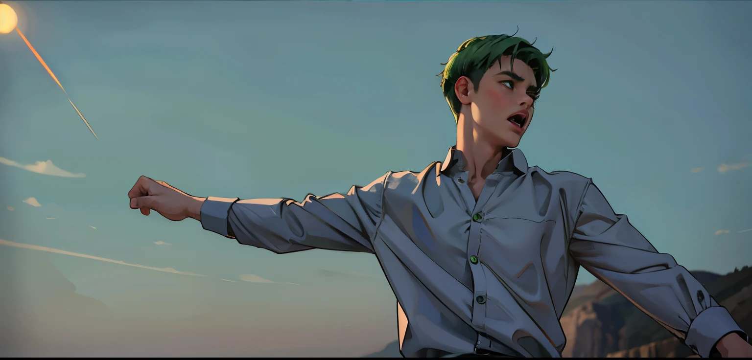 He shouts surprised he is surprised scared green hair he is 16 years old