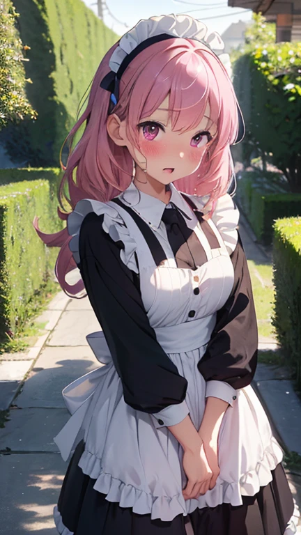 masterpiece、highest quality、Very detailed、8k CG、
Photograph the upper body、1 female、(Put your arms behind your back:1.2)、Are standing、Turn your body forward、View your viewers、(Classic maid outfit)、blush、shy、(trembling:1.2)、Pink Hair、Open your mouth、garden、