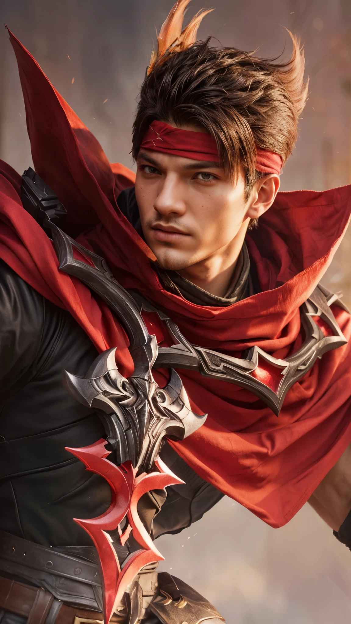 a close up of a boy with a red cape and a sword, son of sparda, sakimi, portrait of ninja slayer, portrait of a red sorcerer, avatar image, epic rpg portrait, extremely detailed artgerm, artgerm detailed, inspired in kris from deltarrune, bandana