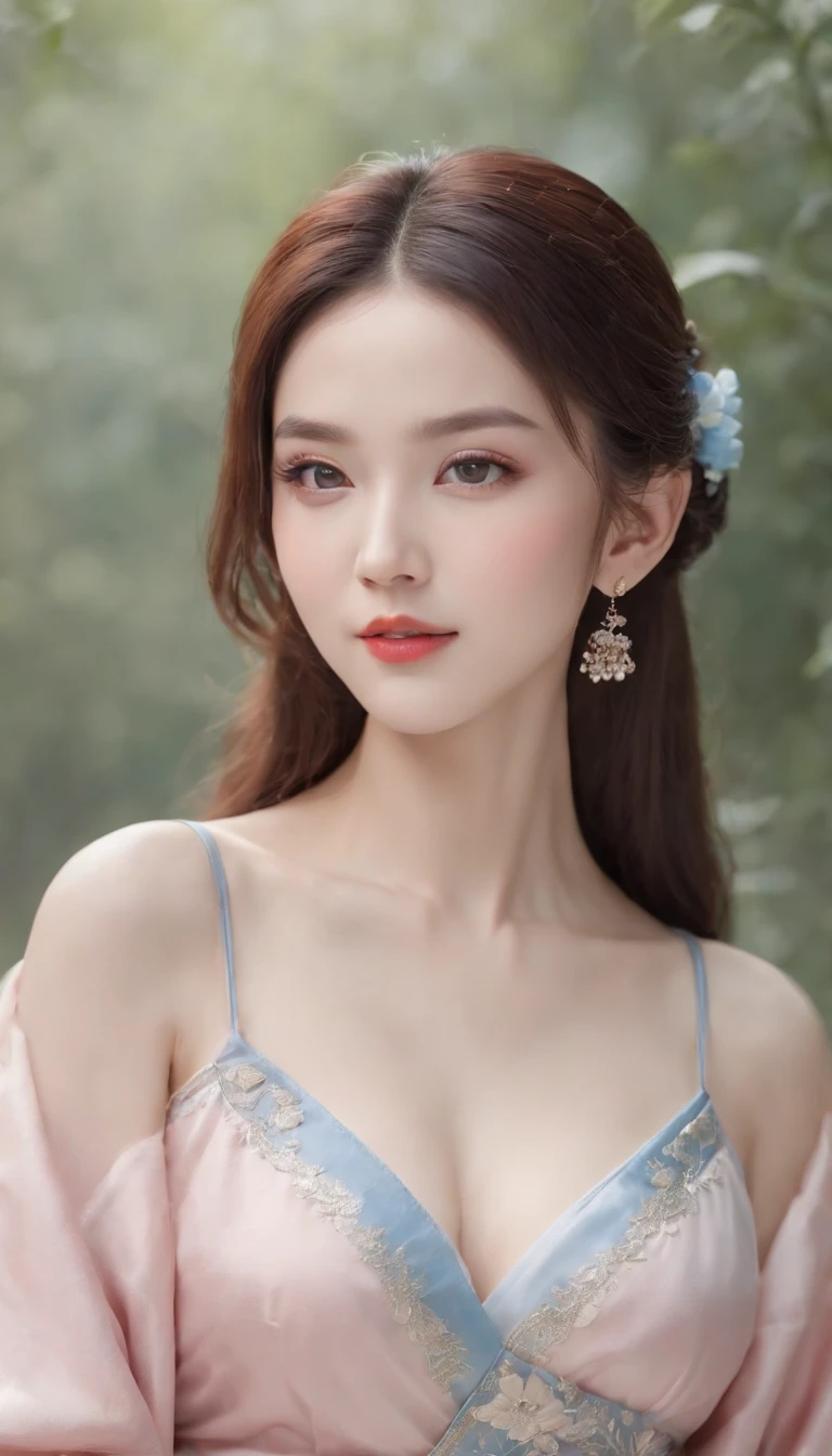 1 Beautiful and cute reality show girl, Tender young girl, Waist length hair, long black hair,Slightly blue, Light blue eyes, Wearing long, Thin, A blue dress,Hanfu style, ((A blue dress,White lace border covers the girl's:0.8)), style hanfu, Wearing a Chinese silk shirt, Pink and smooth fair skin,Shoulders and head appear in the photo,Cute little face, Eye bags under wet makeup, Plump red lips, pout, ((Shut up:1.0)), Balance front teeth, Awkward, Small face makeup tutorial,very beautiful, Breasts are super round and firm, Breast enlargement,Full breasts, Blum Wardrobe, ((Wear a camisole underneath to cover the girl's chest:1.2)), blush, From the front, Wearing earrings, Necklace, from above, View Viewer, Upturned eyes, masterpiece, top quality, best quality, official art, Unity 8K wallpaper, high resolution, 超high resolution, Super detailed, (Reality:1.2), Solitary, Solitary, 1 girl only, style hanfu Dunhuang, 10x pixel, super realistic, Ultra-high quality, Full body view of a girl, Seven Figures,
