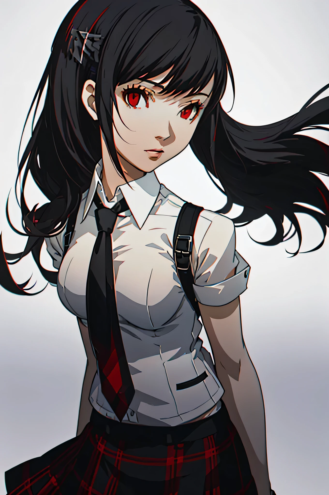 8k,best quality,ultra high res,front view,dsqueen,black hair,long hair,red eyes,shujin academy ,black white red plaid skirt,black blazer,white background,casual_stance, tifa lockhart, portrait, happy_expression, black necktie