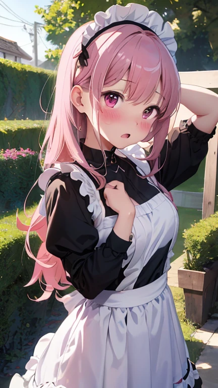 masterpiece、highest quality、Very detailed、8k CG、
Photograph the upper body、1 female、(Put your arms behind your back:1.2)、Are standing、Turn your body forward、View your viewers、(Classic maid outfit)、blush、shy、(trembling:1.2)、Pink Hair、Open your mouth、garden、