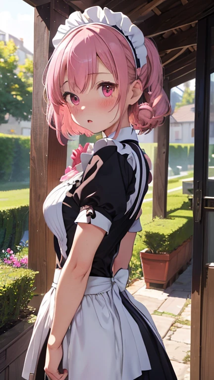 masterpiece、highest quality、Very detailed、8k CG、
Photograph the upper body、1 female、(Put your arms behind your back:1.2)、Are standing、Turn your body forward、View your viewers、(Classic maid outfit)、blush、shy、(trembling:1.2)、Pink Hair、Open your mouth、garden、