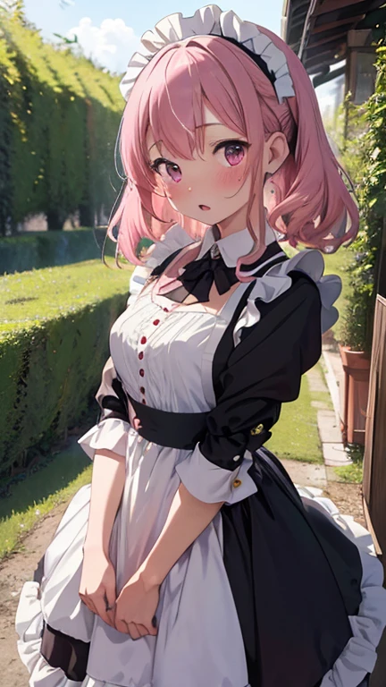 masterpiece、highest quality、Very detailed、8k CG、
Photograph the upper body、1 female、(Put your arms behind your back:1.2)、Are standing、Turn your body forward、View your viewers、(Classic maid outfit)、blush、shy、(trembling:1.2)、Pink Hair、Open your mouth、garden、