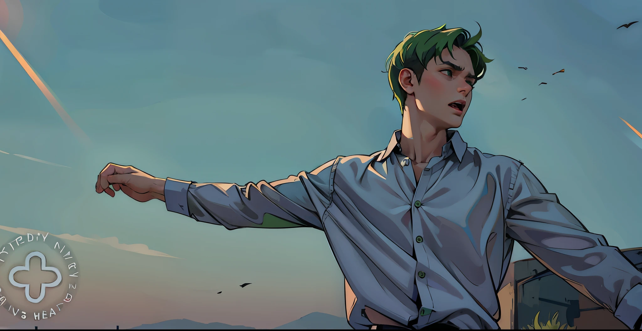 He shouts surprised he is surprised scared green hair he is 16 years old