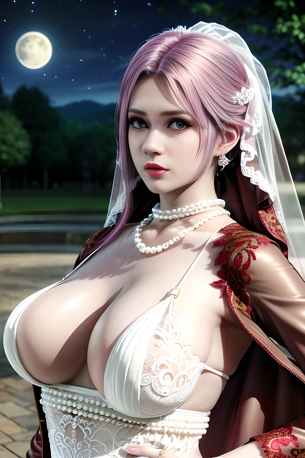 1 girl,lean over ,(Wearing Wedding Dress:1.2) ,(Wearing Jewel:1.2) ,( red lace_coat:1.3),(Fluffs :1.4),(pearl bodychain:1.3),outdoor,elegant,nighttime,moonlighe,shiny skin,( huge breasts), lip gloss,tattoos, masterpiece, best quality, realistic ,Surrealism,natural colors art in 8k,soft shadows,Portrait art,solo,  elise,