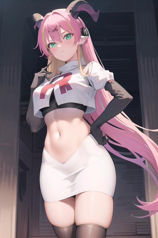 (SFW), masterpiece, best quality, highres k, professional artwork, famous artwork, clean, cinematic lighting, beautiful green eyes + detail, beautiful hair + detail, 1girl, sexy young female body:1.3, (beautiful breasts), looking at the viewer, aloe1, 1girl, solo, pointy ears, multicoloured hair, asymmetrical horns, demon horns, hair ornament, blonde hair, long hair, pink hair, demon tail, green eyes, horn bow, horn ornament, bangs, headphones around neck, hair between eyes, team rocket,team rocket uniform,white skirt,red letter R,crop top,black thigh-highs,black elbow gloves