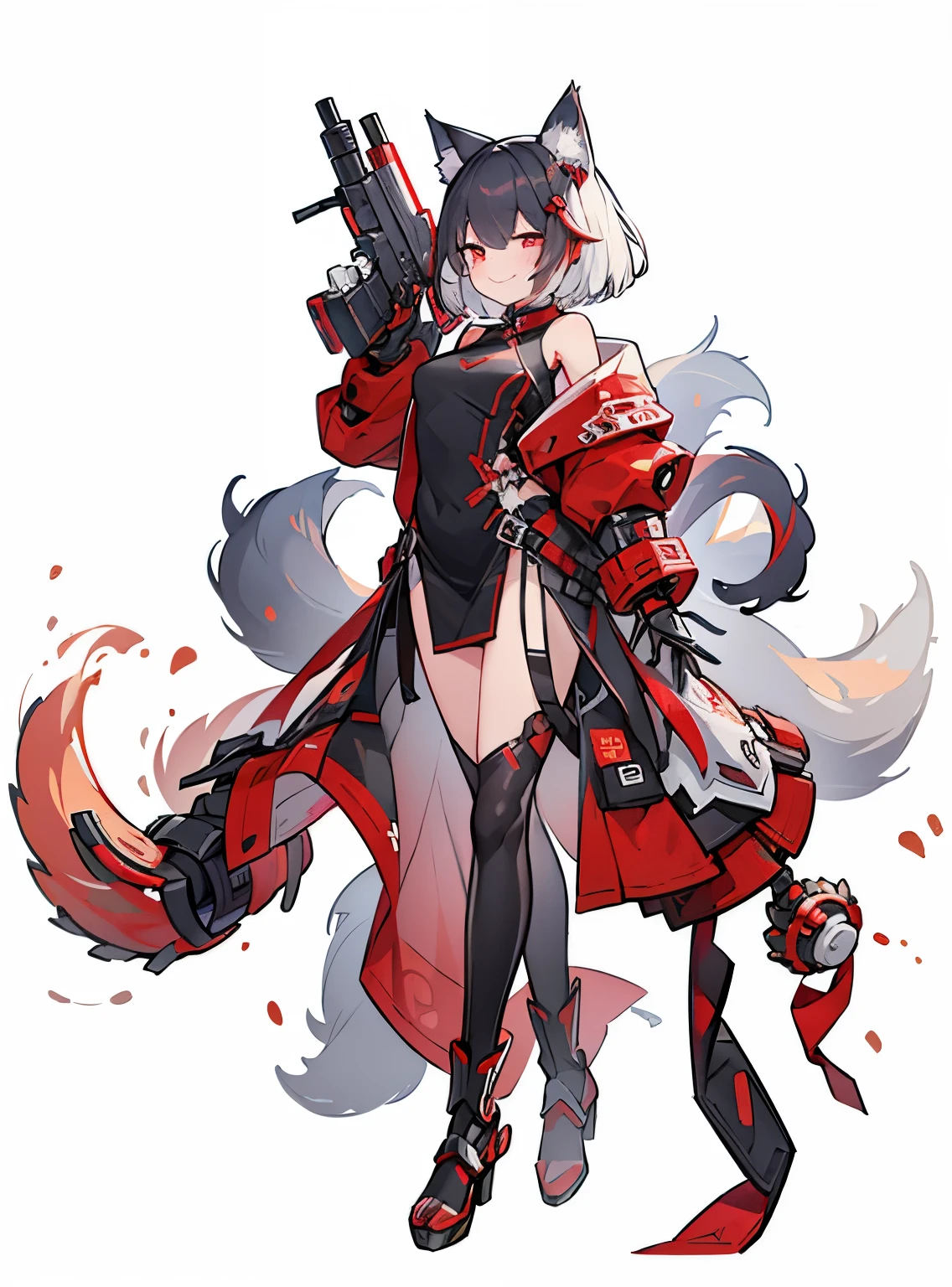 ((1 girl))，Solitary，short hair，Wolf ears， ,Smiling face，charming，Blood，(Transparent Background)，(Red and white full body mechanical armor)，cheongsam，Red jacket，Nine fox tails，black靴子, black，hands up ,Shadow Effect, Anatomically correct，pounce