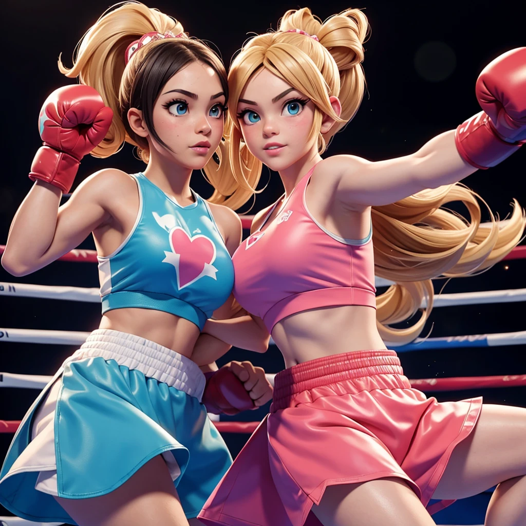 video game princesses have a boxing match, princess outfits, comically big boxing gloves, health bars over heads