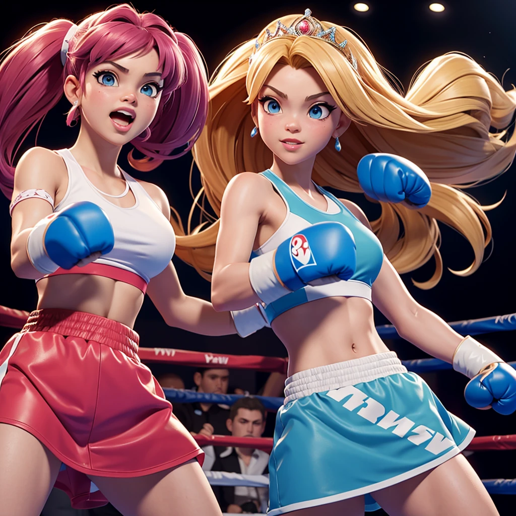 video game princesses have a boxing match, princess outfits, comically big boxing gloves, health bars over heads