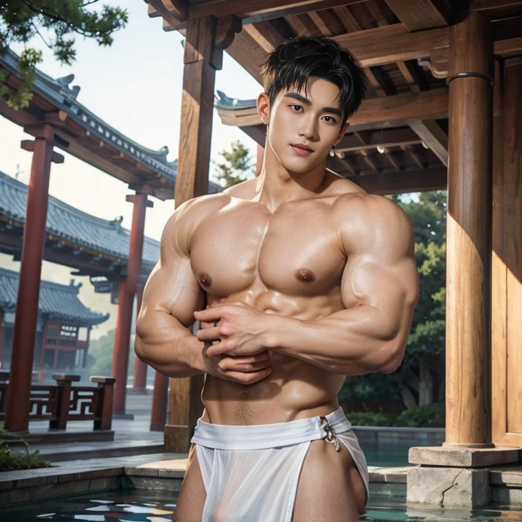 2 Handsome chinese guy kissing, smilling at each other, bare chest , strong sport muscle body, wet body, water drops on the skin, show the abs, 20 years old,hug, cuddle, touching lips, skin ship, romantic,  Asian, chinese hansome actor, kpop idol, handsome male model,manly, master work, best picture quality, higher quality, high detail, super high resolution, 8k resolution, perfect clear sun light,perfect eyes, perfect skin, manly jawline, manly chin, perfect hands, big  chest muscles,  bare chest, big juicy butts, tattoos chest, tattoo hands, tattoo legs, tattoo back, tattoo arms,earings, ancient pendents,  braceles, glowing eyes, short mess curly hair, hair details, detailed background , open Hanfu transparent (see throught) ,super skiny  chinese loincloth, big bulge, wet cloth, golden and silver detail in cloth, detailed perfect abs, Chinese garden background, detailed background, Chinese kung fu,skinny anciennt chinese costumes, spinning floating particles, chinese temple in background,