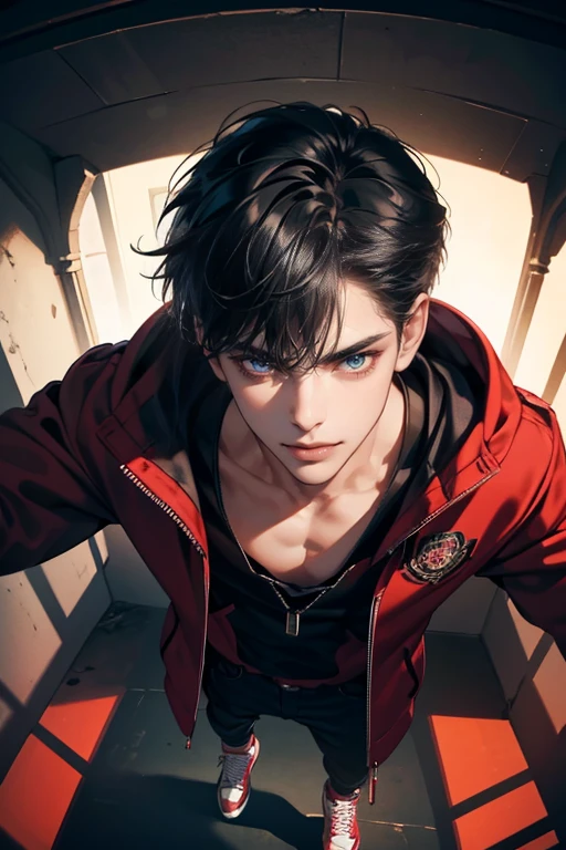 (tmasterpiece, high resolution, ultra - detailed:1.0), (1 boy, male), Eyes looking at the camera, Perfect male body, Delicate eyes and delicate face, Extremely detailed CG, 8K wallpaper, Complicated details, solo person, Detailed face,(Red jacket, Black hoodie, wind coat, long black jeans, Red sneakers, Evil smile, Straight black hair, Messy hair, jail cell, underground room), color difference, Depth of field, dramatic shadow, Ray tracing, Best quality, Cinematic lighting, offcial art, Portrait