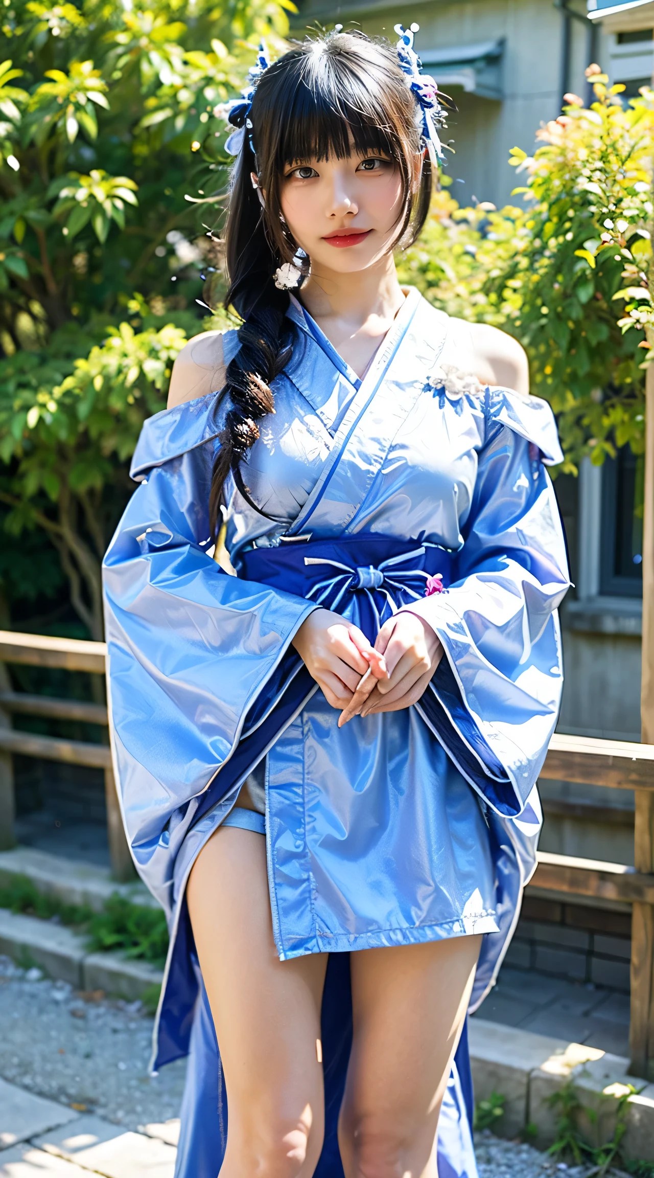 (8k、RAW photo、highest quality、masterpiece:1.2)、(realistic、Photoreal)、1 girl、((fantasy world、light blue shrine maiden costume、short kimono、big sleeves、See-through、off shoulder、Leg visible、big breasts、Seen from the front、blonde、straight hair))、lots of eyelashes、Glitter on your eyelids、skeletally correct、sweaty body、Beautifully aligned fingertips、smile、standing with hands on hips、above the sky