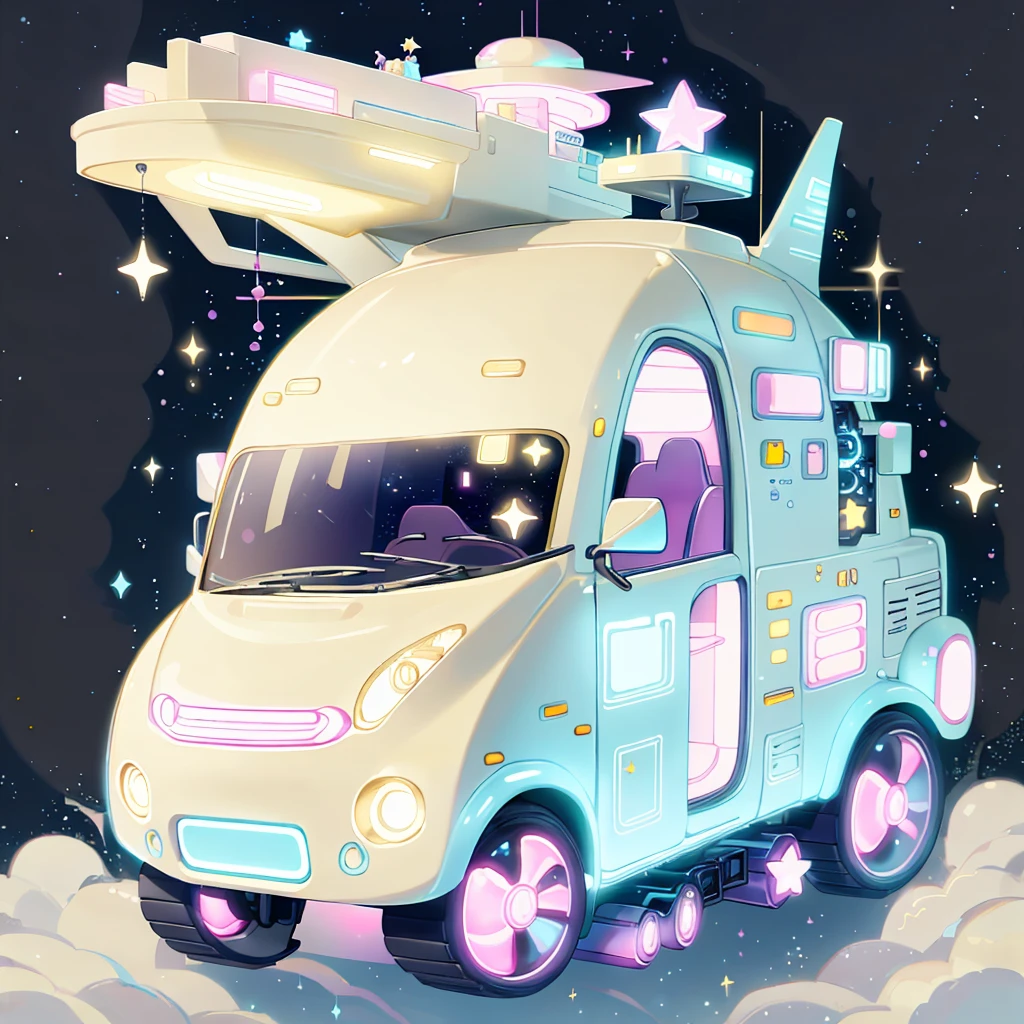 A futuristic flying star-shaped pastel-colored vehicle、kawaii tech,No people、