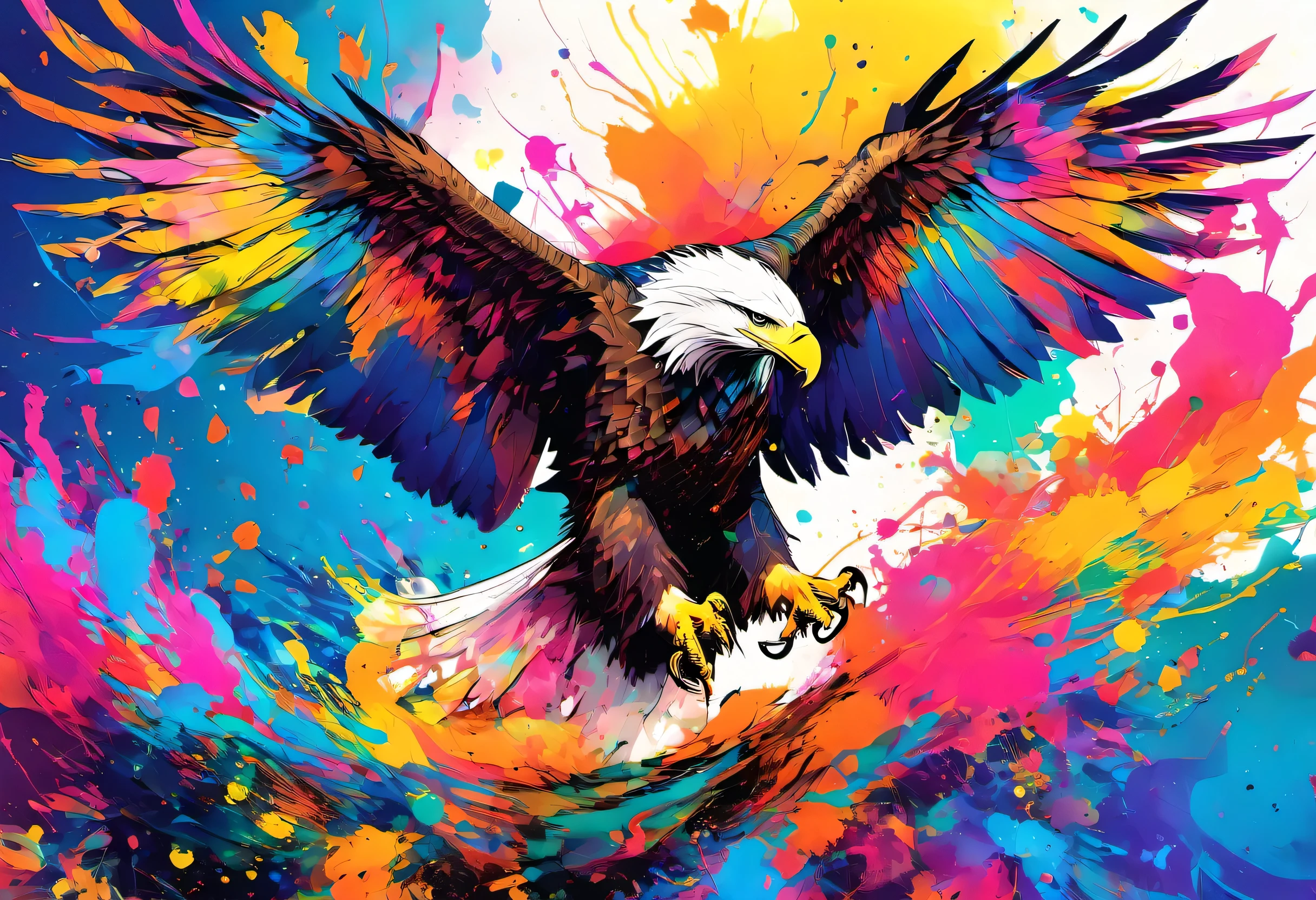 A flapping Bald Eagle with colorful paint on its body and leaves, vector art:Zahari Zograf, Trending on Pexels, psychedelic art, Rich in color and detail, A complex and colorful masterpiece, art:Alessandro Pautasso, very complex and colorful, colorful hd images, A colorful and intricate masterpiece, High quality HD digital art, great digital art, very colorful