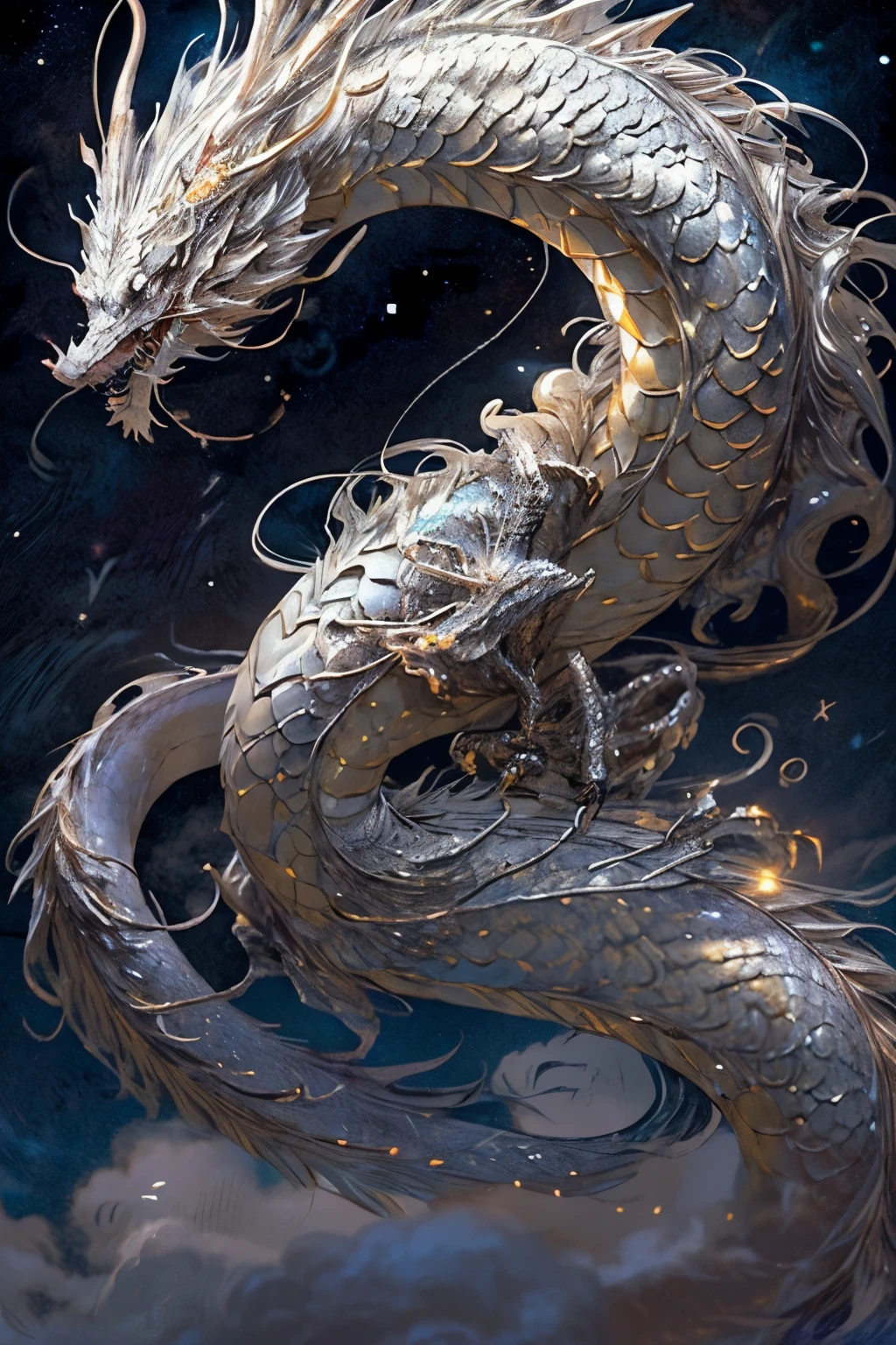 Silver Female Wyrm Soaring in the Night Sky with a Luminary Full Moon in the Background
(Wyrm: Mythical serpent-like dragon creature, Silver-scaled),
(Setting: Night time, Backdrop: Starry sky, weather: Clear),
(Female Wyrm: Graceful, majestic, wings spreading, flying high up),
(Moon: Gigantic, radiant, producing a soft, silver glow),
(Detailed: Finely detailed, Ultra-fine, Silver scales shimmering, Wings structure defined, Sharp wing edges),
(dynamic: In mid-flight, Wings flapping gently, Tail