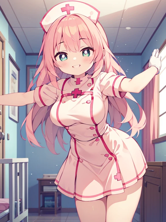 (Nurse girl:1.2), (1 person:1.2),(10 year old girl)、Young girl、Big Breasts、 Hmph、Shaders、Highly detailed eyes、Nurse Costume(Light pink nurse clothes、Private Server、Silk glove knee skirt)、Straight long hair、Underride 、Pink Hair、Silky Hair、Very complex pupils、highest quality、Bright colors、Bust 100、Game Portrait、Stir the composition、Composition looking up from below、Lift your with your hands、Poses that accentuate the chest、Cross your arms、Grinning expression、eyes half closed、Open your mouth、Clasp your hands behind your back、Hide your hands、Wicked Smile、whole body、beautiful