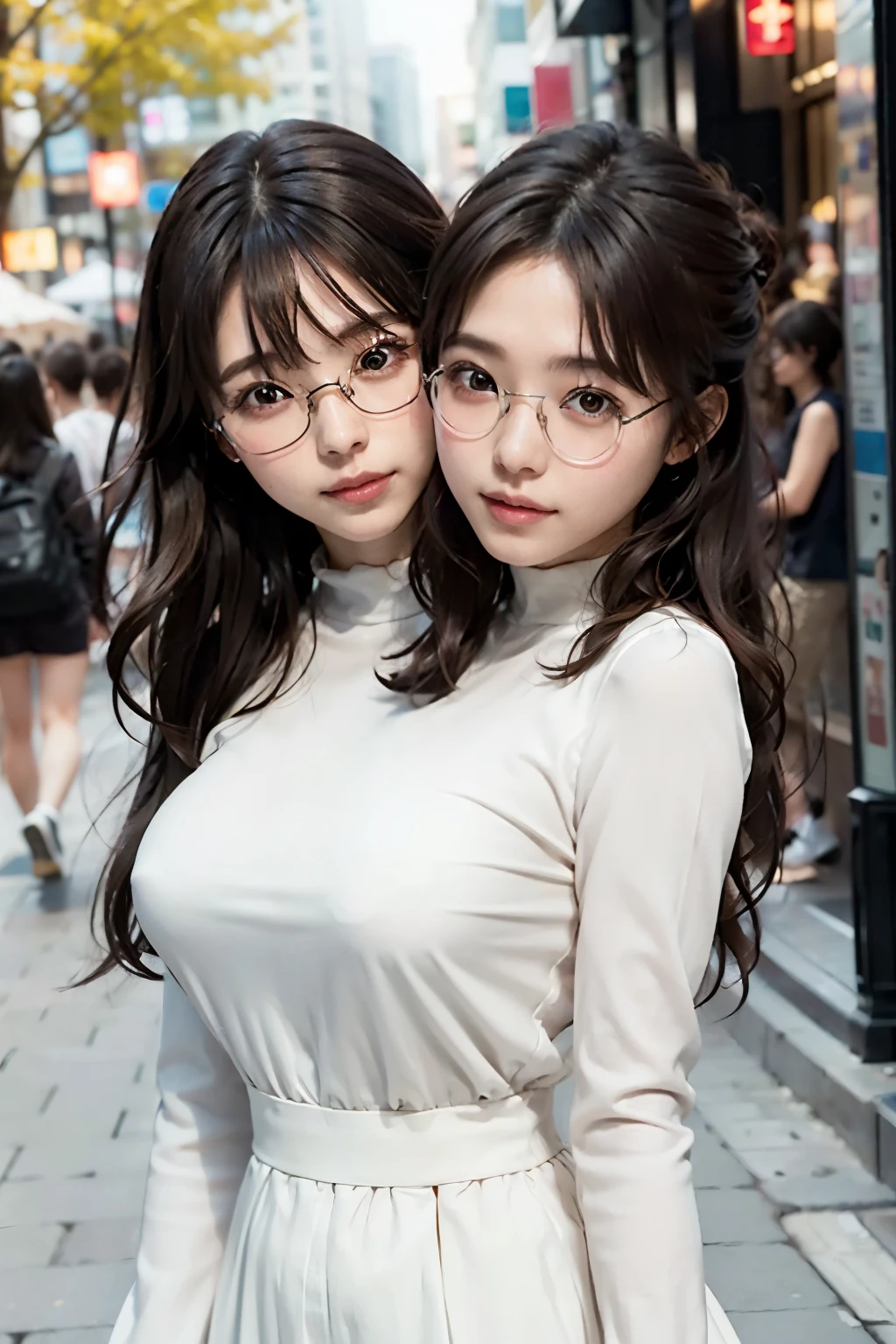 (8K、Raw photography、top-quality、​masterpiece:1.2)、(realisitic、Photorealsitic:1.37)、ultra-detailliert、超A high resolution、1 girl、23yo、see the beholder、beautifull detailed face、Smile、Constriction、(Slim waist) :1.3)、Beautiful detailed skin、Skin Texture、well-shaped breasts、Floating hair、Hair bunched into one、(white  clothes:1.4)、Professional Lighting、Autumn afternoon、In the street、(((eye glass )))、Whole human body、Brown hair、((Shameful appearance))、conjoined_dicephalus, (two heads:1.3)