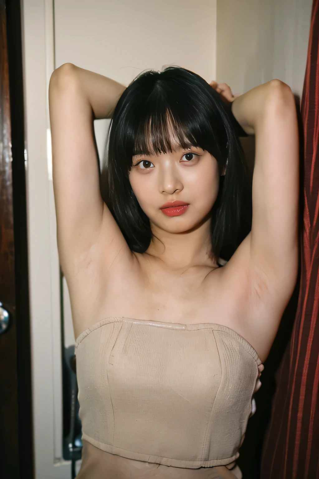 top quality，Ultra-clear resolution, beauty, Hidden Face, (beauty indian girl), beauty:1.3, Lean abdominal muscles: 1.1, ((Brown hair long bangs)). Strapless Mini Dress_sit down. Straighten your arms. straighten both armpits. Elevated. Shows the texture of the armpit. In front of the camera. Armpit details. smooth armpit. Beauty OK. OK. Charming armpits. In front of the make-up mirror), Super thin face, Very detailed lips, Delicateeyes, Double eyelids, Makeup face. Red lipstick