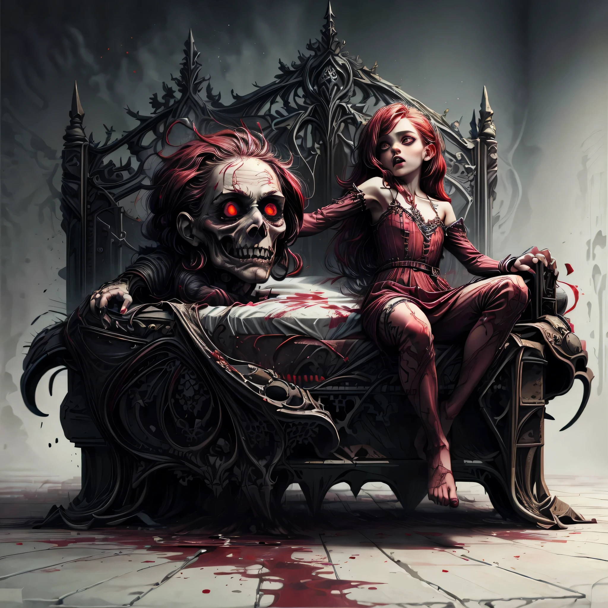 Woman,red haired,y red eyes,fangs,pale skin,red wine claws,creepte pajamas dress,children,vampire,thin body,nice hands,nice fingers,nice mouth,nice face,nice body,perfect anatomy,children black eyes,blood moutod sharp teeood sheet coveringfeets,perfect face,masterpiece, highres, an image of a beautiful terror fairy goth,red wine hair best quality, 8k, best quality, ultra-detailed,girl, , 6 years old,lilsis, dirtyamas dress, red wine hair,lajamas dress,vampire, horror \(theme\), glowing eyes, creepycute,scary,covered covering the legror art, (bed:1.4)