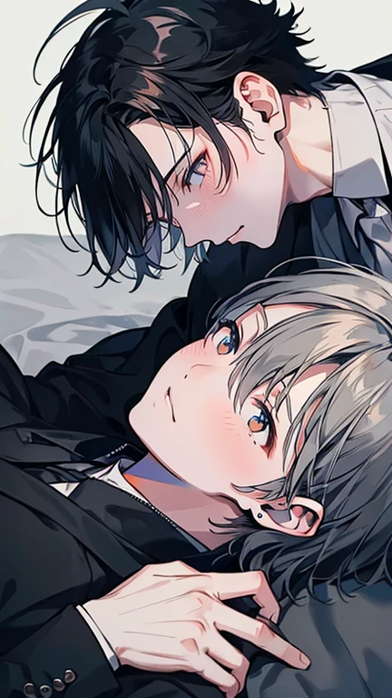 (masterpiece), (highest quality), Very detailed, ((Two men become intimate)), Perfect Face, Beautiful Face, Very detailed顔,(Black Haired Man:1.3),(Grey-haired man:1.3),suit,shirt