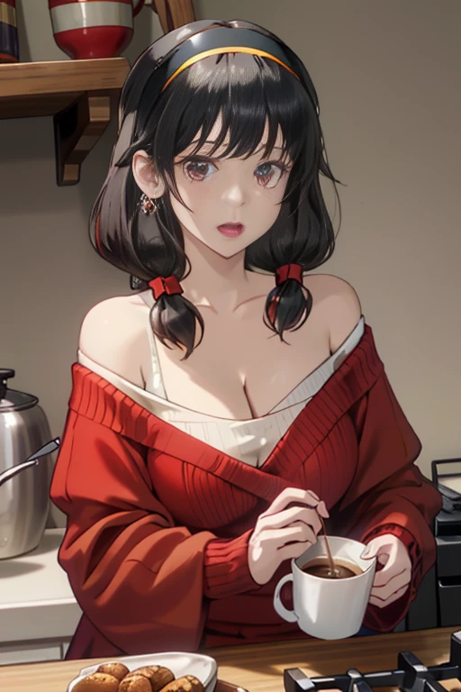 masterpiece, yor, 1girl, Amazing Cleavage:1.3, thin waist, big ass, Raised sexy, medium breast: 1.8 posed cleavage:1.2、solo, looking at viewer, open mouth, have a cup of coffee,black hair, red eyes, dress, bare shoulders, jewelry, collarbone, sidelocks, hairband, earrings, indoors, off shoulder, :o, sweater, arms behind back, plant, short hair with long locks, white hairband, off-shoulder dress, sweater dress, off-shoulder sweater, red sweater, big side hair, very long side hair,is rendered in (masterpiece: 1.2, best quality), with (ultra high resolution) and an exquisite (depth of field). This masterpiece is not only visually stunning but also tells, teach of cooking ,in the kitchen