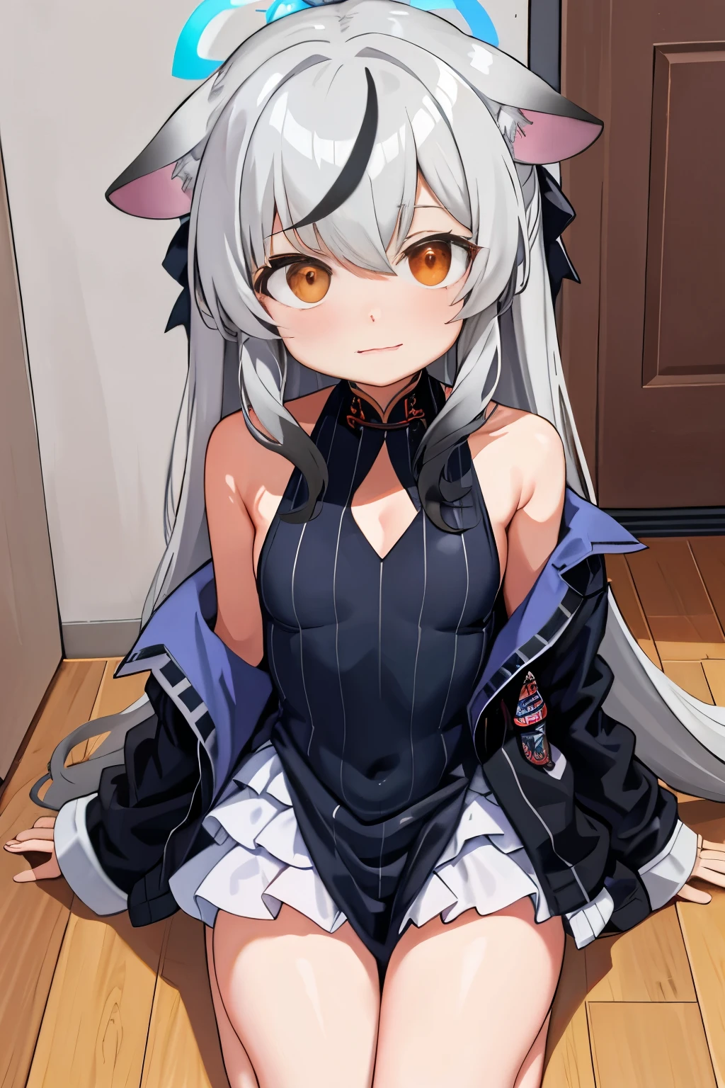 tmasterpiece, best qualtiy, ultra - detailed, 1girll,Gray hair Kokona, inside in room, Orange eye, :3,the face, closeup cleavage, Winter suit, winter wonder