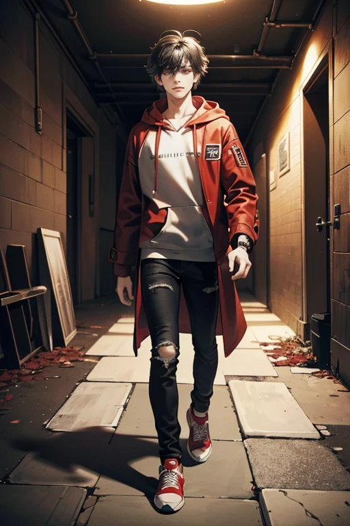 (tmasterpiece, high resolution, ultra - detailed:1.0), (1 male), Eyes looking at the camera, Perfect male body, Delicate eyes and delicate face, Extremely detailed CG, 8K wallpaper, Complicated details, solo person, Detailed face,(Red jacket, Black hoodie, wind coat, long black jeans, Red sneakers, Evil smile, Straight black hair, Messy hair, jail cell, underground room), color difference, Depth of field, dramatic shadow, Ray tracing, Best quality, Cinematic lighting, offcial art, Portrait