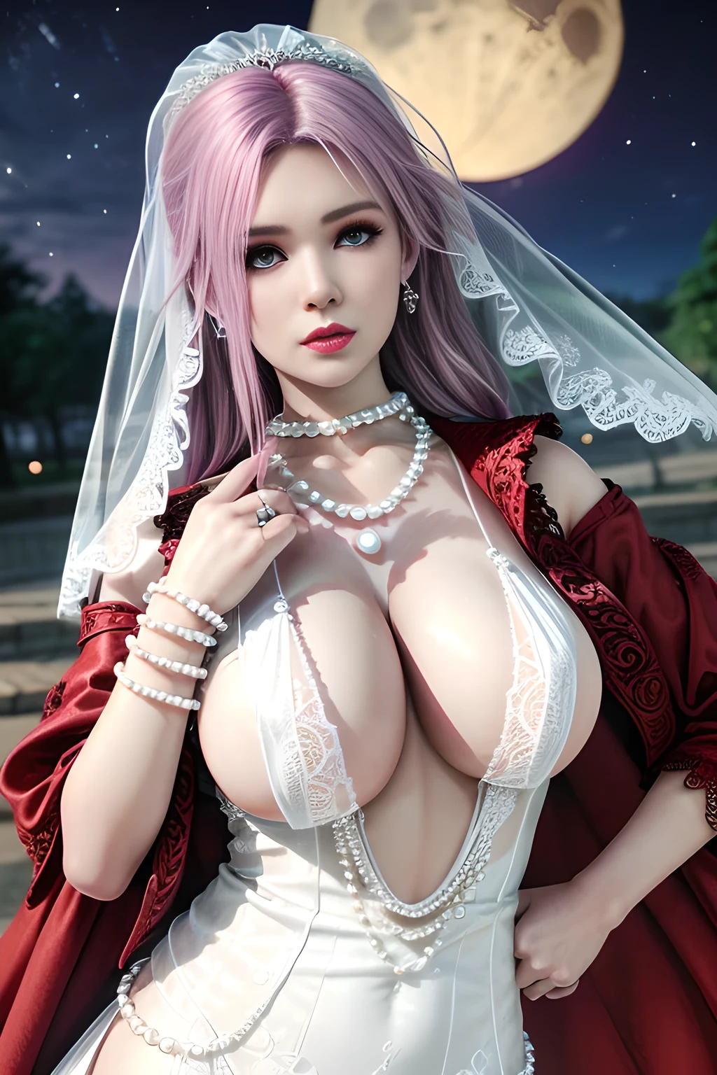 1 girl,lean over ,(Wearing Wedding Dress:1.2) ,(Wearing Jewel:1.2) ,( red lace_coat:1.3),(Fluffs :1.4),(pearl bodychain:1.3),outdoor,elegant,nighttime,moonlighe,shiny skin,( huge breasts), lip gloss,tattoos, masterpiece, best quality, realistic ,Surrealism,natural colors art in 8k,soft shadows,Portrait art,solo,  elise,