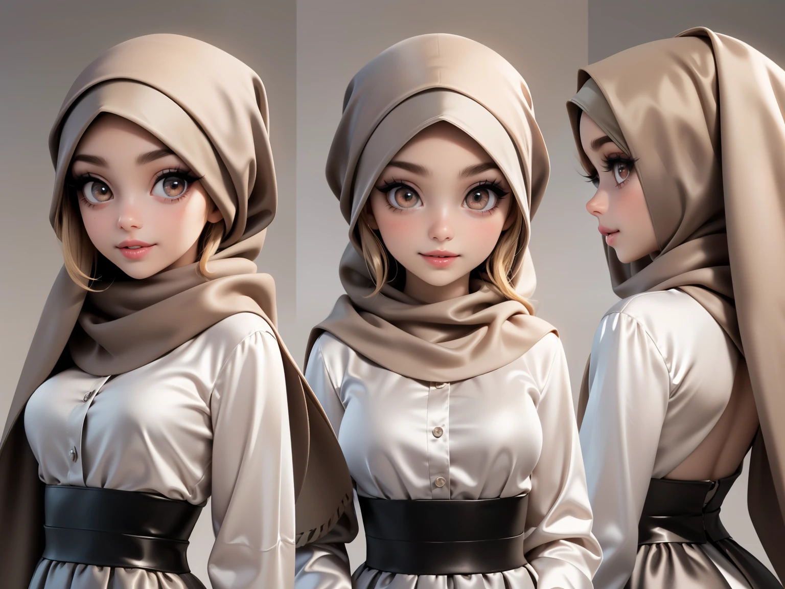 Character Design - a close up character design sheet of a beautiful hijab girl character, beautifully makeup, eyeshadow, Parted Lips, detailed eyes, beautiful big eyes, ((Brown eyes)),long eye lashes, smile. She's dresses (Dark gray satin headscarf)), loosely tide hijab style, ((Taupe satin shirt)), satin long skirt. Cartoon style, front, side and back views