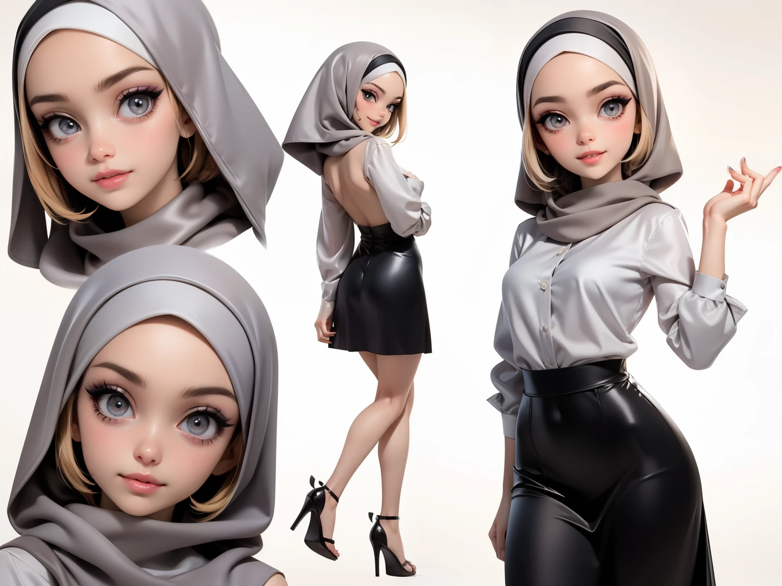 Character Design - a close up character design sheet of a beautiful hijab girl character, beautifully makeup, eyeshadow, Parted Lips, detailed eyes, beautiful big eyes, 99Gray eyes)), long eye lashes, smile. She's dresses (Dark gray satin headscarf)), loosely tide hijab style, ((Taupe satin shirt)), satin long skirt. Cartoon style, front, side and back views