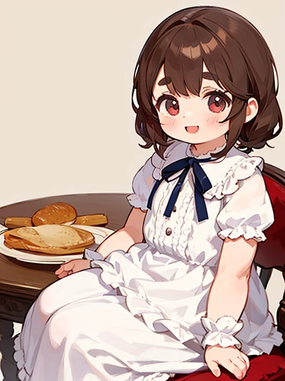 Tabletop, One girl, , Like a toddler, Lolita Dress, White Dress, Victorian clothing, , Round eyes, Big smile, Brown Hair, Thick eyebrows, House Background