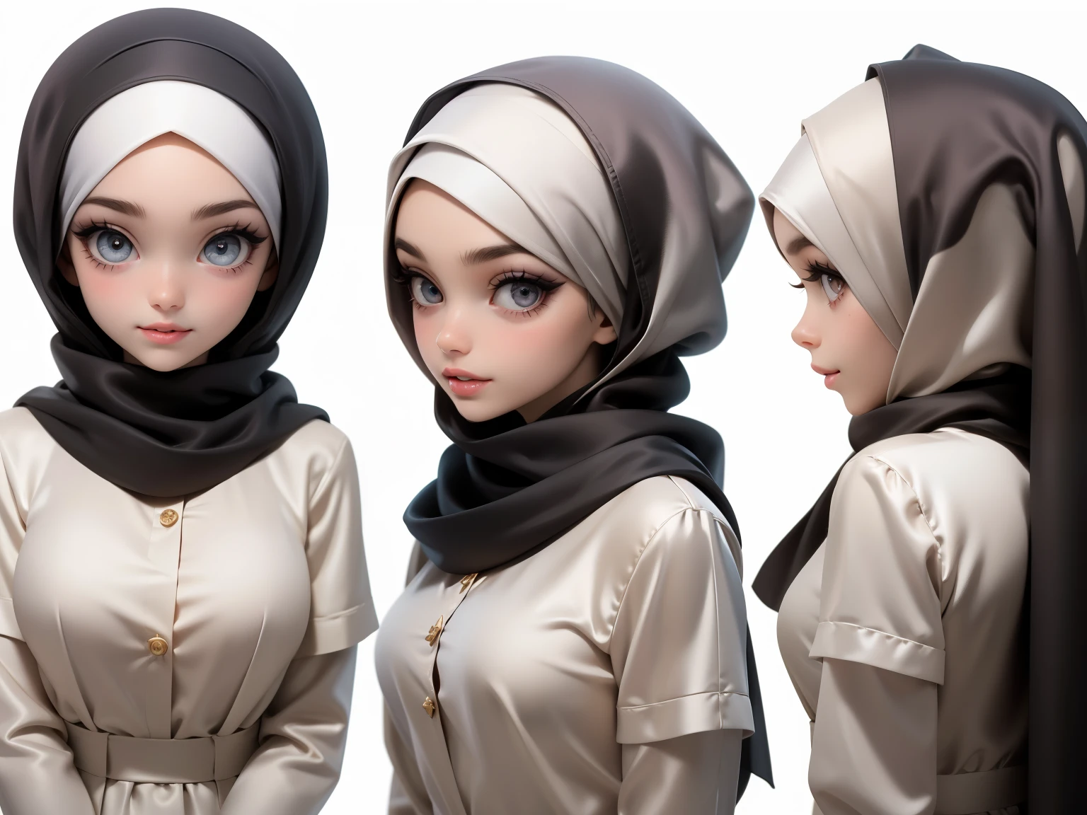 Character Design - a close up character design sheet of a beautiful hijab girl character, beautifully makeup, eyeshadow, Parted Lips, detailed eyes, beautiful big eyes, 99Gray eyes)), long eye lashes, smile. She's dresses (Dark gray satin headscarf)), loosely tide hijab style, ((Taupe satin shirt)), satin long skirt. Cartoon style, front, side and back views