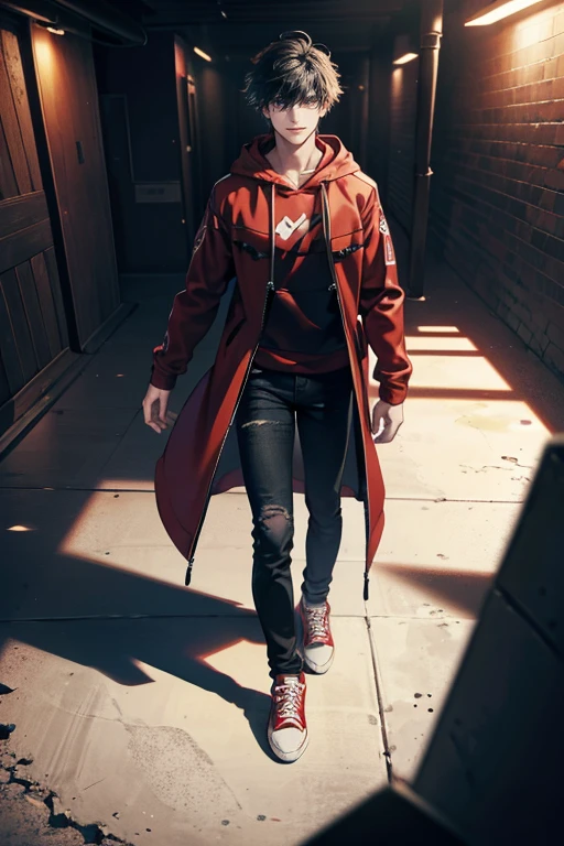 (tmasterpiece, high resolution, ultra - detailed:1.0), (1 male), Eyes looking at the camera, Perfect male body, Delicate eyes and delicate face, Extremely detailed CG, 8K wallpaper, Complicated details, solo person, Detailed face,(Red jacket, Black hoodie, wind coat, long black jeans, Red sneakers, Evil smile, Straight black hair, Messy hair, jail cell, underground room), color difference, Depth of field, dramatic shadow, Ray tracing, Best quality, Cinematic lighting, offcial art, Portrait