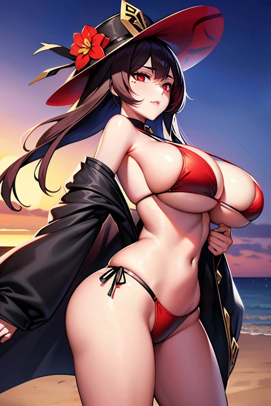 2d， tmasterpiece， best qualtiy， anime big ??????， highly detailed eye， Highly detailed face， highly detailed back ground， perfect litthing， cowboy lens，  1girll， solo， standing on your feet， beachside，?????? style，huge boob，hu tao\（genshin impact\）， pupils in symbol shapes， flower shaped pupils， Hats， red flower， red eyes， SakuraNS，