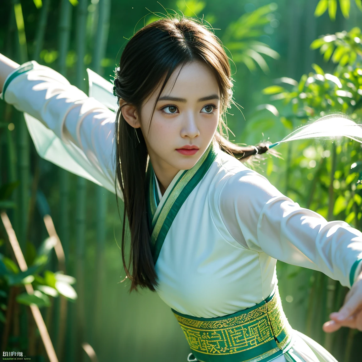 uhd, epic, cinematic still frame, sharp focus, craft a hyper realistic photo of most attractive and beautiful Wuxia girl (Dilraba Dilmurat), (beautiful face)、(((1 juvenile,full bodyesbian,tear-mole:)))full bodyesbian,Sharp eyes,Clear facial features,wearing a lace hanfu,White robe,Fighting,Strong dynamic posture,The body is surrounded by green mist,Runes surround you,tai chi martial arts action,Holographic reality,holographic halo,dynamic blur,Game lighting effects,rim-light,Soft light,cinematic rim light,The light is delicate, Qi explosion, Bamboo Tree Background