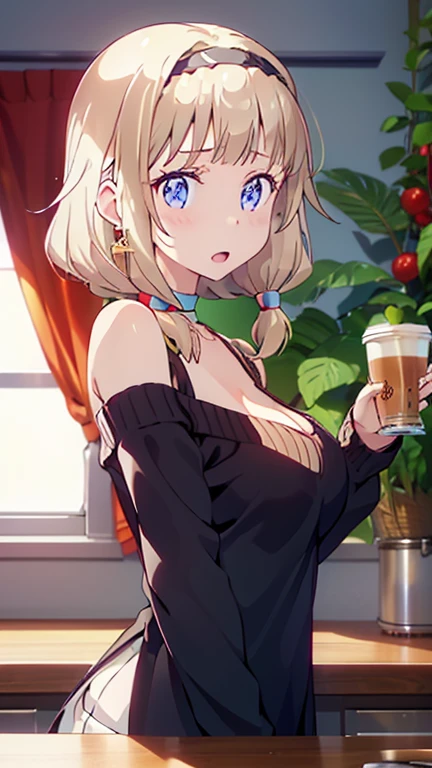 masterpiece, yor, 1girl, Amazing Cleavage:1.3, thin waist, big ass, Raised sexy, medium breast: 1.8 posed cleavage:1.2、solo, looking at viewer, open mouth, have a cup of coffee,black hair, red eyes, dress, bare shoulders, jewelry, collarbone, sidelocks, hairband, earrings, indoors, off shoulder, :o, sweater, arms behind back, plant, short hair with long locks, white hairband, off-shoulder dress, sweater dress, off-shoulder sweater, red sweater, big side hair, very long side hair,is rendered in (masterpiece: 1.2, best quality), with (ultra high resolution) and an exquisite (depth of field). This masterpiece is not only visually stunning but also tells, teach of cooking ,in the kitchen