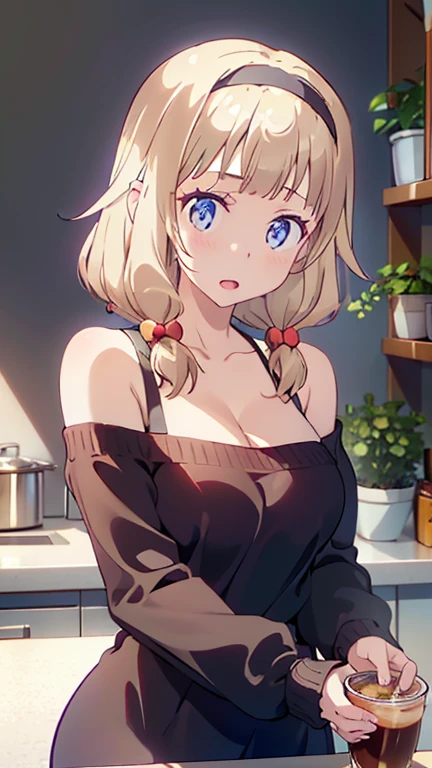 masterpiece, yor, 1girl, Amazing Cleavage:1.3, thin waist, big ass, Raised sexy, medium breast: 1.8 posed cleavage:1.2、solo, looking at viewer, open mouth, have a cup of coffee,black hair, red eyes, dress, bare shoulders, jewelry, collarbone, sidelocks, hairband, earrings, indoors, off shoulder, :o, sweater, arms behind back, plant, short hair with long locks, white hairband, off-shoulder dress, sweater dress, off-shoulder sweater, red sweater, big side hair, very long side hair,is rendered in (masterpiece: 1.2, best quality), with (ultra high resolution) and an exquisite (depth of field). This masterpiece is not only visually stunning but also tells, teach of cooking ,in the kitchen