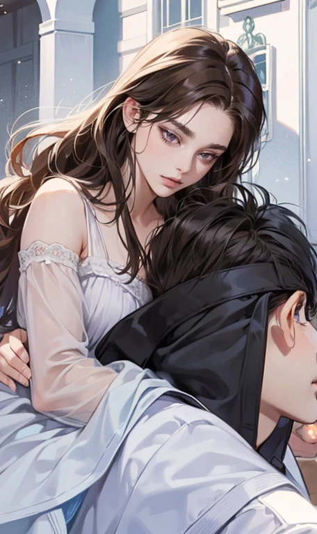 masterpiece, best quality, realistic, 1woman 4 man, mature female, mature male, 25 years old, close his eyes, closed mouth, extremely detailed face, ((dark purple eyes)), ((woman with Black long hair with French twist)), [thin eyebrows woman], accurate, in the town, ((man with black eyes and Short dark brown hair)), [thick eyebrows woman]