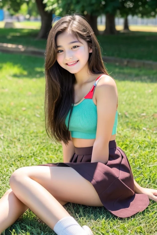 Cute face　Real beautiful girl　15 year old beautiful girl　whole body　mini skirt　Tank top　Beautiful thighs　Sitting on the grass　With legs apart　Baby Face　smile　clear　low length　Middle school students　high school student