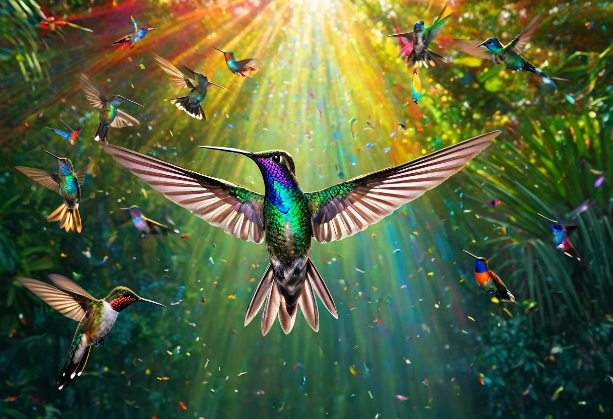 A fifty-year-old spreading his wings and flying in the sky, a digital rendering by Niko Henrichon, pexels contest winner, Fine art, Hummingbirds, Hummingbird, Iridescent Feathers, Rare bird in the jungle, Very colorful, Floating in the air, Long colorful bird, In flight, Beautiful Nature, Multicolored birds, Vivid and vibrant