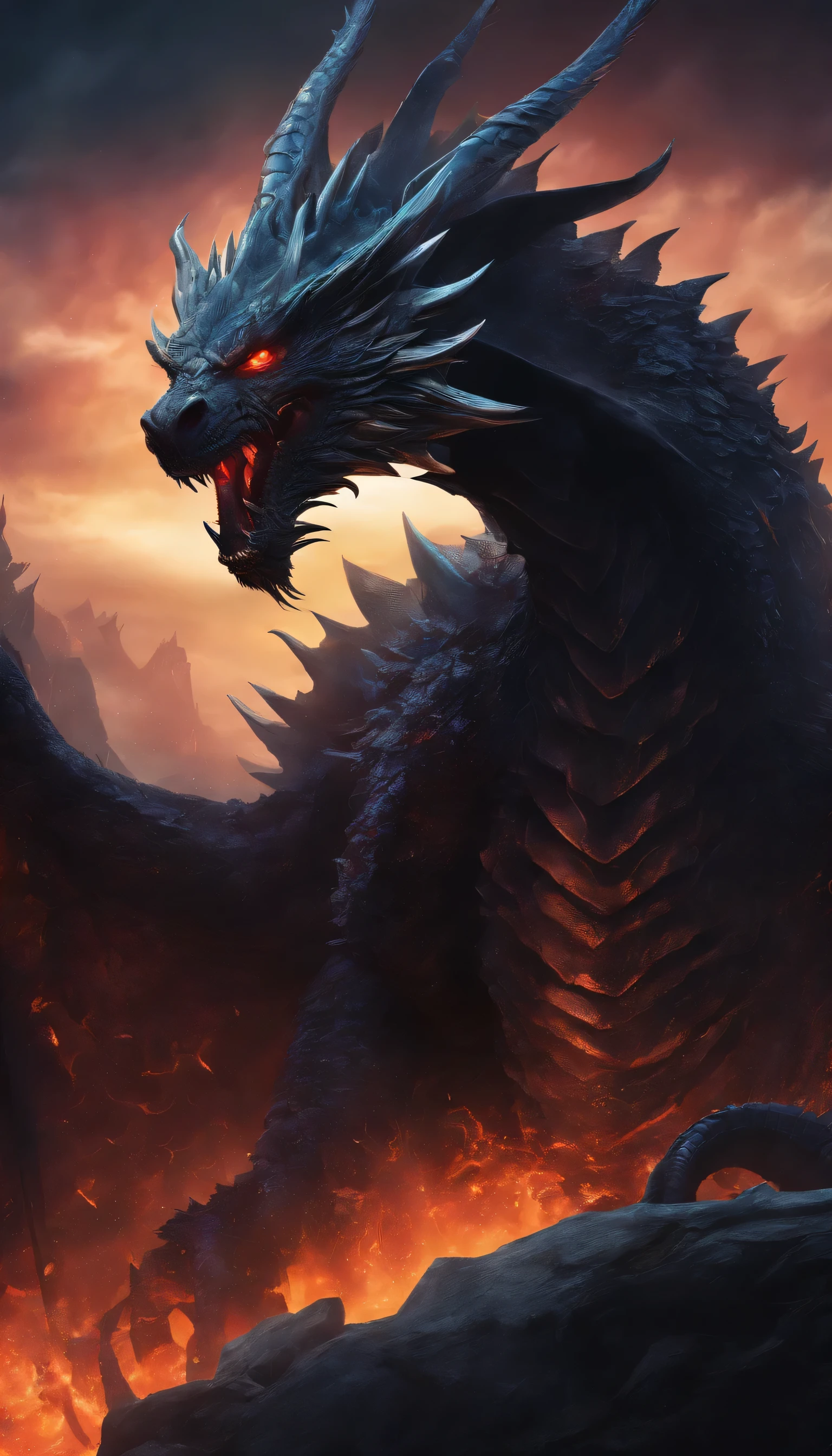 (best quality,4k,8k,highres,masterpiece:1.2),ultra-detailed,(realistic,photorealistic,photo-realistic:1.37),medium:3D rendering menacing dragon,obsidian scales,crimson eyes,expansive wings,mystical aura,vertical orientation,dark,ominous,shadows,cavern,mysterious,foreboding,dragon claws,tail coiled,sharp horns,spikes,fire-breathing,mythical creature,ominous presence,aurora borealis,illuminating,otherworldly,ethereal,reflection,glowing scales,dragon's lair,steaming nostrils,majestic,fierce,ominous silhouette,vivid colors,sharp details,powerful beast,foreboding sky,unleashing its power,dragon scales glistening,darkness engulfing,mystery,awe-inspiring