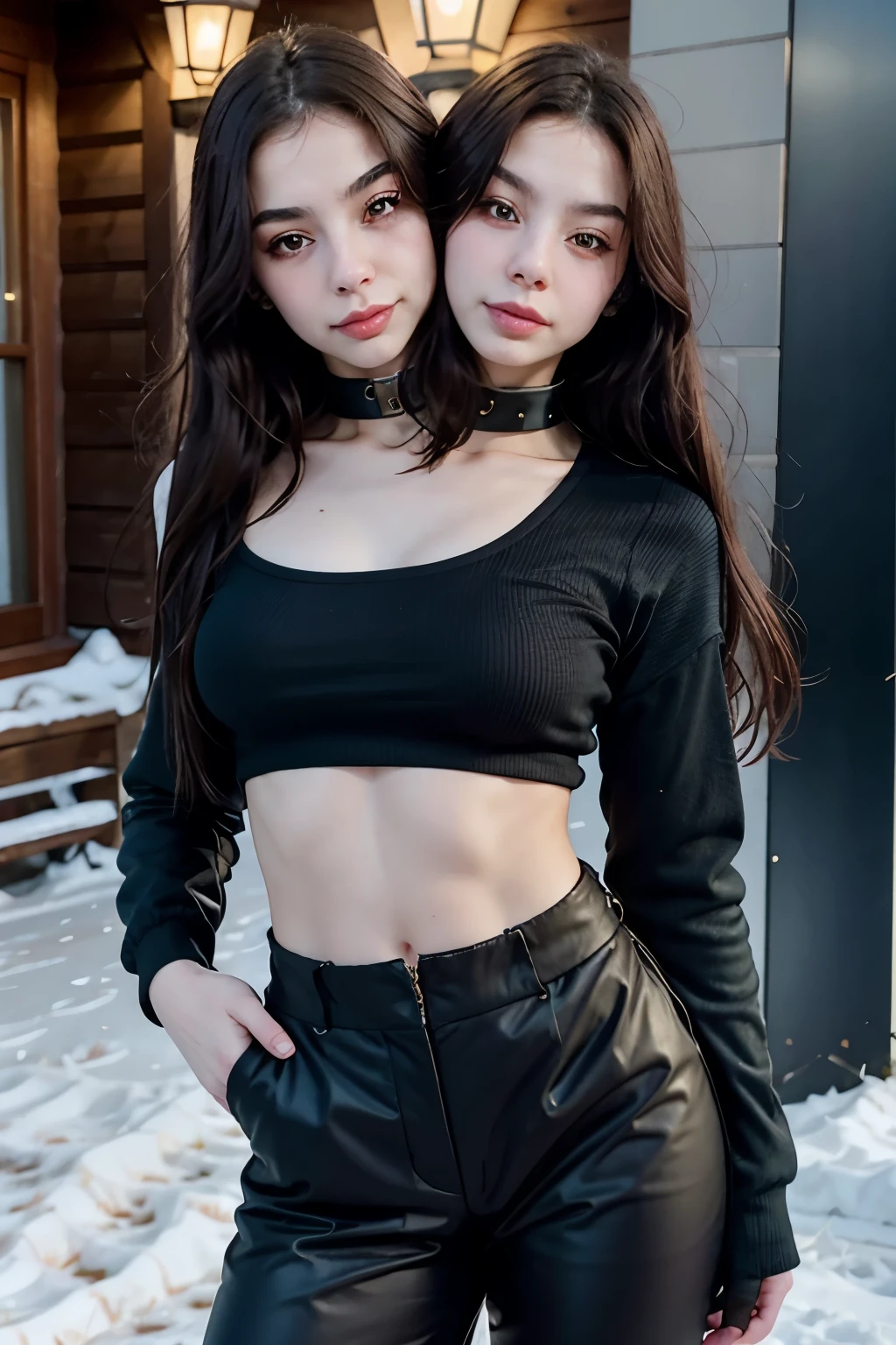 Standing, collar bone, a woman wearing winter clothes,midriff, conjoined_dicephalus, (two heads:1.2)