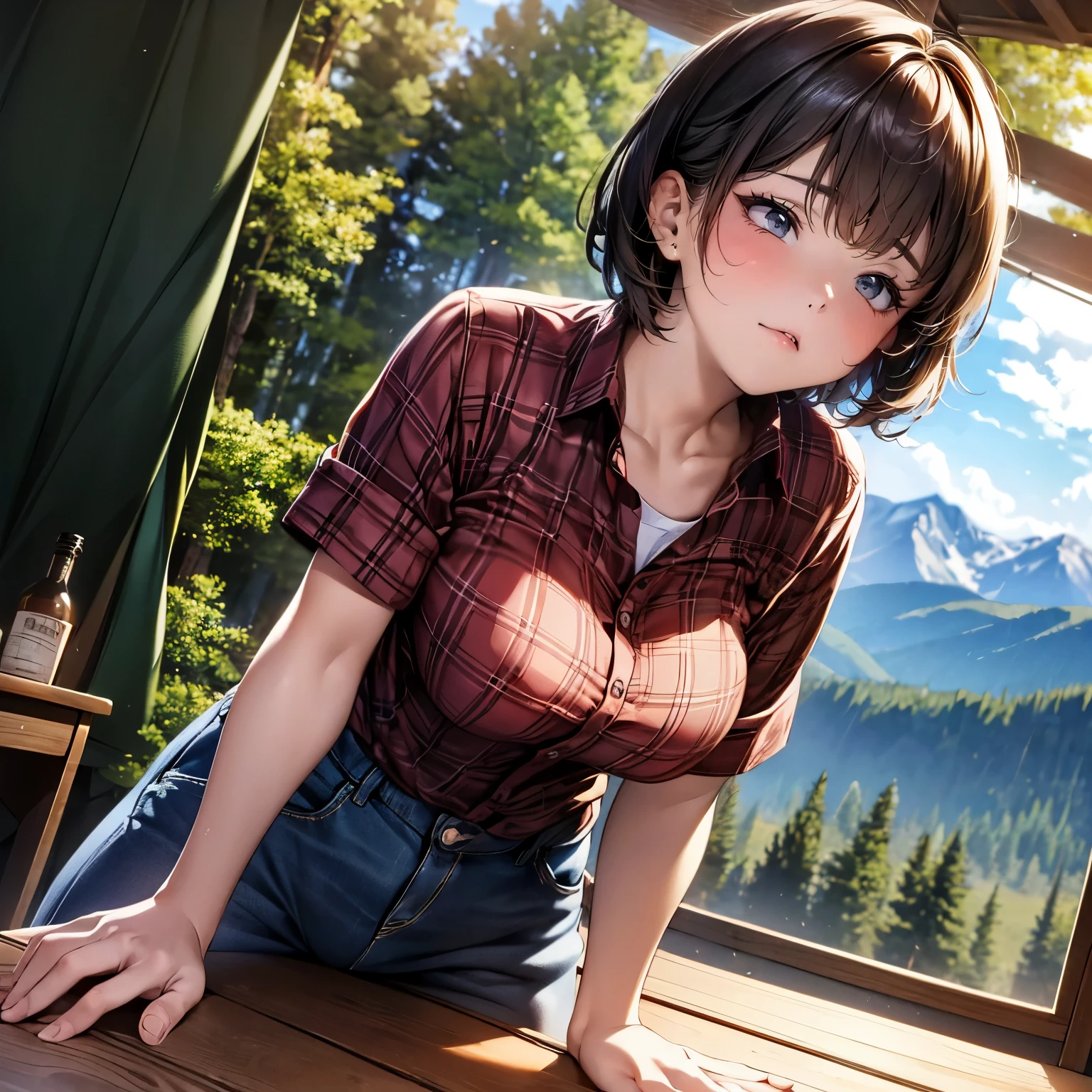 high-definition image, best quality, (round face), posing, eyes realistic sizing, drooping eyes, plaid shirt, (straddling a table corner to hit her crotch for self pleasure), big sky, mountains, in the forest, sunlight, very short hair, (many camping gears),