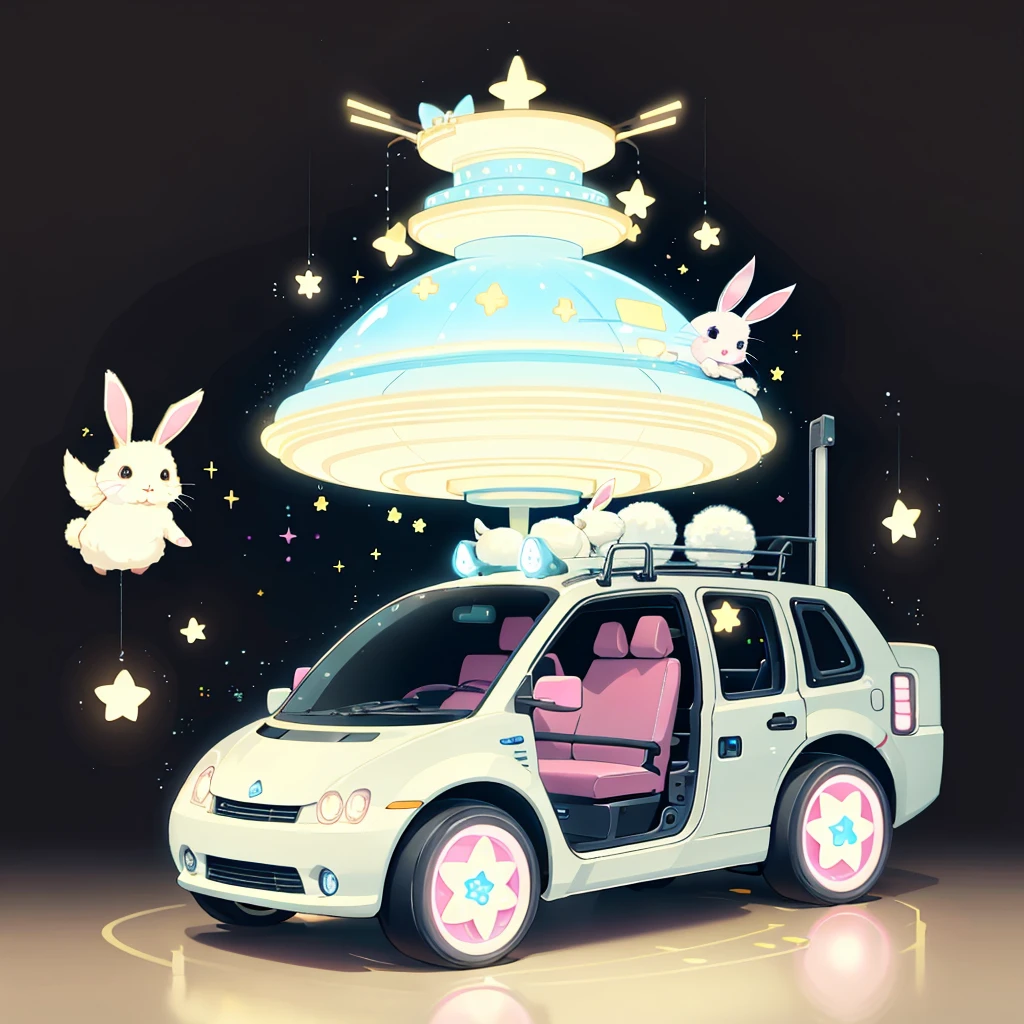 A futuristic flying star-shaped pastel-colored vehicle、kawaii tech,No people、rabbit