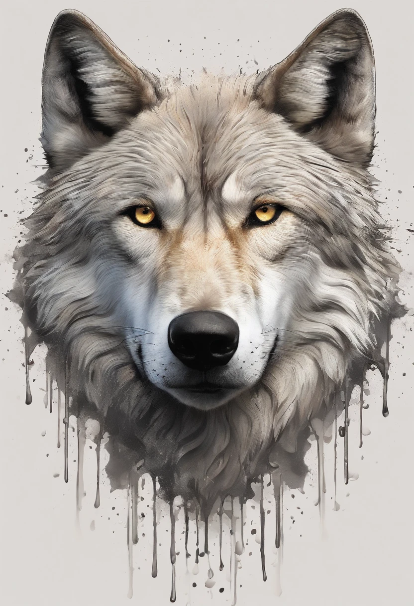 Arte realista da tatuagem do lobo preto e cinza (((olhos brue))) with ink splatter sketch effect ,Ele abriu a boca e disse,,、Parece muito ferozmente irritado