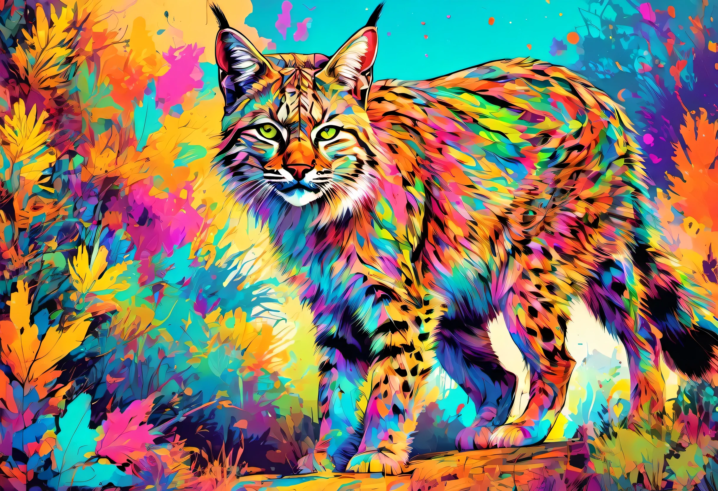 A stalking bobcat with colorful paint on its body and leaves, vector art:Zahari Zograf, Trending on Pexels, psychedelic art, Rich in color and detail, A complex and colorful masterpiece, art:Alessandro Pautasso, very complex and colorful, colorful hd images, A colorful and intricate masterpiece, High quality HD digital art, great digital art, very colorful